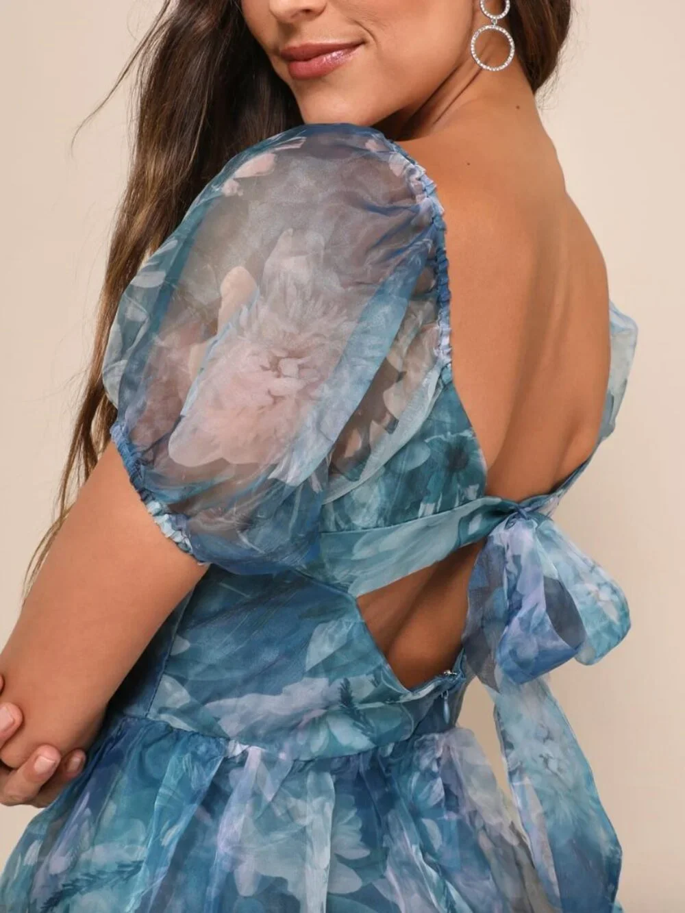 Lulus Lovely Statement Teal Blue Floral Organza Tie-Back Midi Dress - Size M - Picture 3 of 16